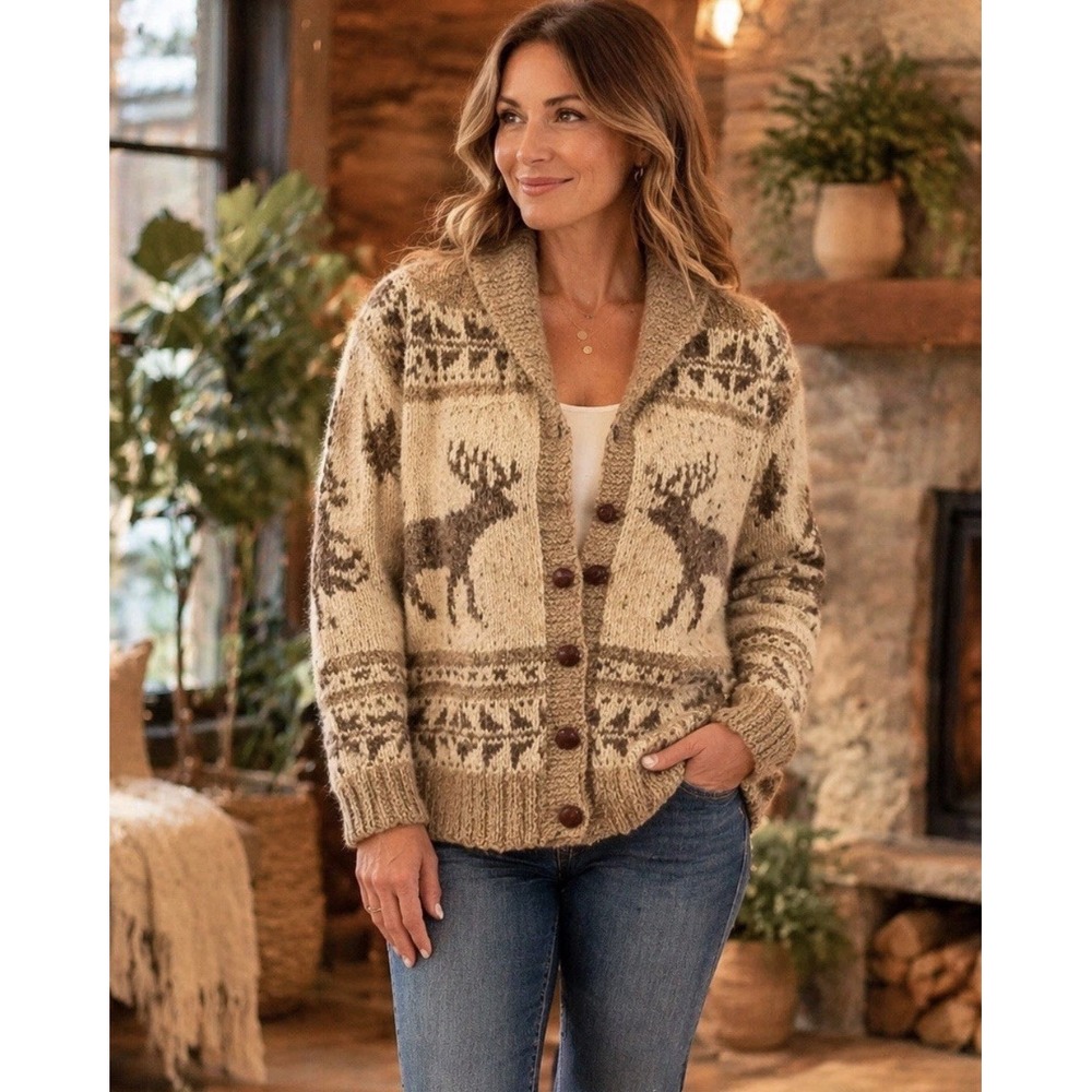 Ralph Lauren Hand Cowichan Knit Wool Moose Cardigan Sweater Large (Meas. Small)